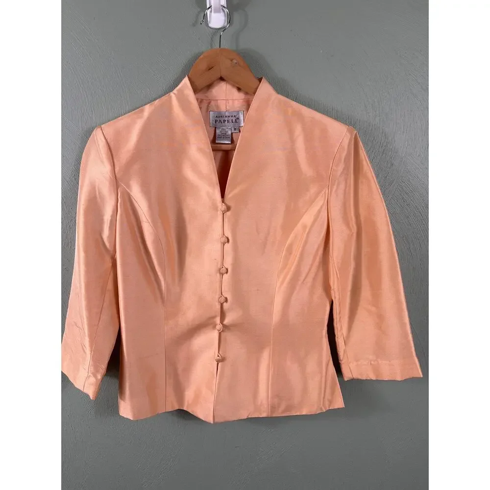 Adrianna Papell Pant Suit Women's Size 6‎ Peach Silk Floral Bead Asian Inspired